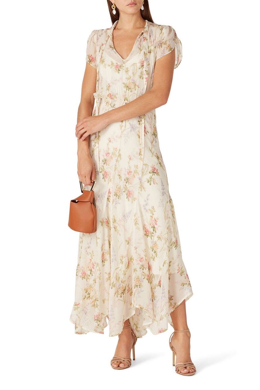 Polo Ralph Lauren Ivory Garden Floral Print Tie Neck Chiffon Maxi Dress Size XS